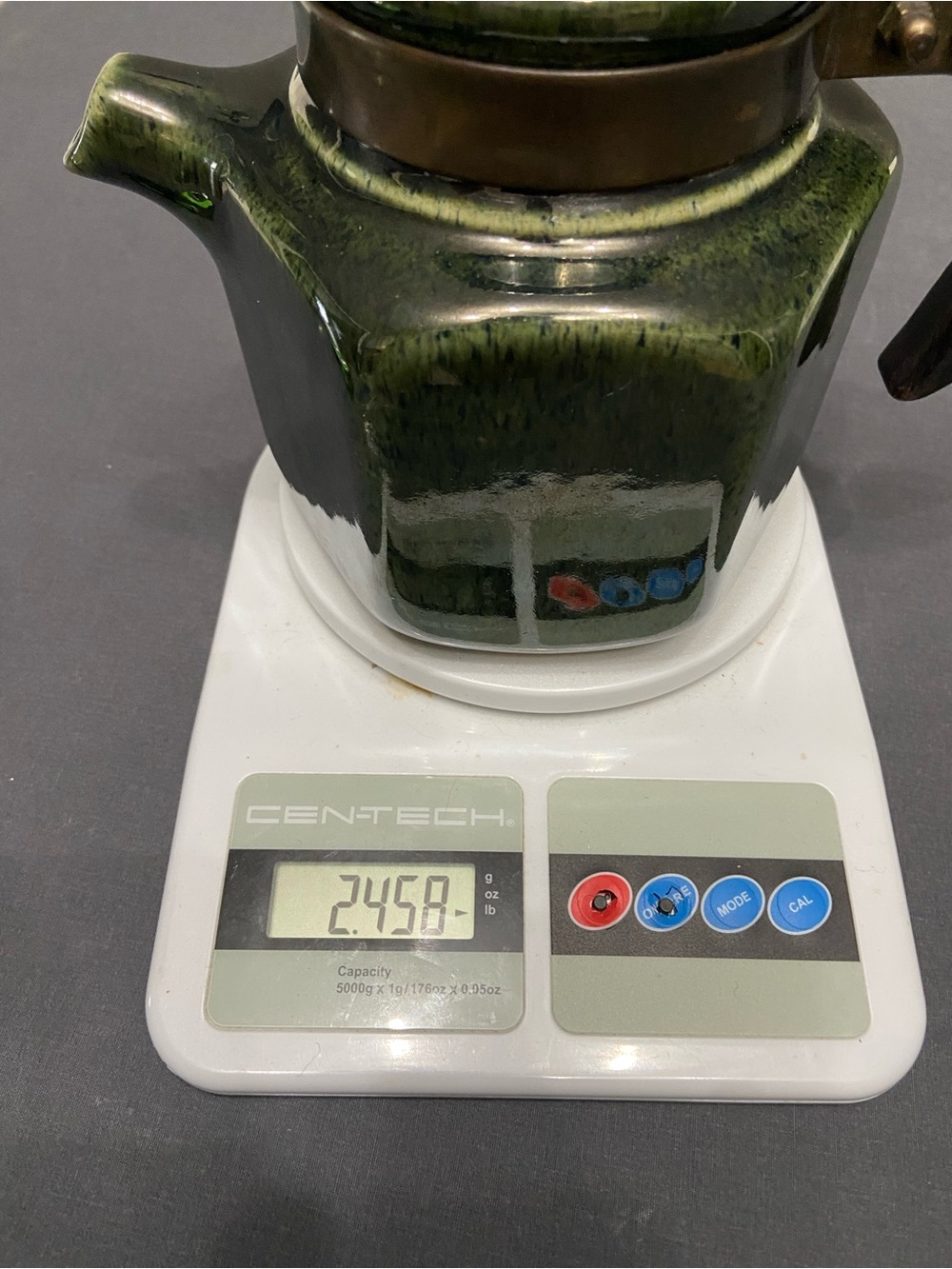 VTG Japanese Stoneware Teapot Green Speckled Glaze Wooden Handle Brass Fittings - Picture 10 of 17